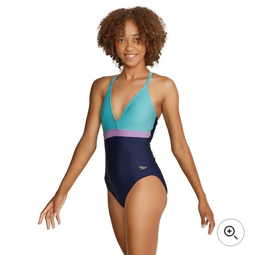Speedo one piece swimsuit size 4 teal purple navy UPF 50+ chlorine resistant NWT